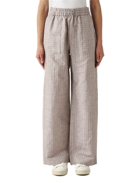 PANTALONE PALAZZO IN MISTO LINO E COTONE CON FANTASIA GESSATA DONNA BEIGE