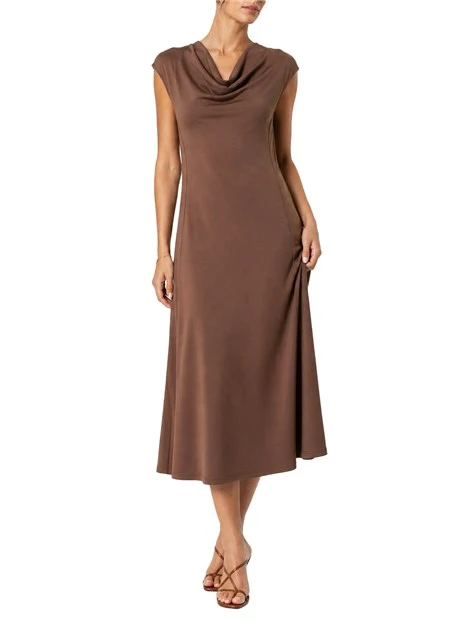 VESTITO LUNGO SMANICATO CON SCOLLATURA MORBIDA DONNA MARRONE