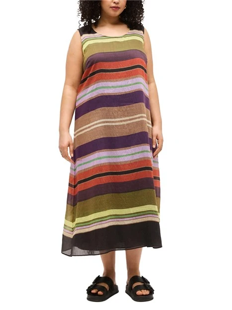VESTITO LUNGO SMANICATO CON MOTIVO A RIGHE MULTICOLORE DONNA NERO