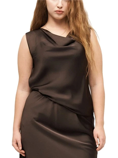 TOP SMANICATO CON SCOLLO A DRAPPEGGIO DONNA MARRONE