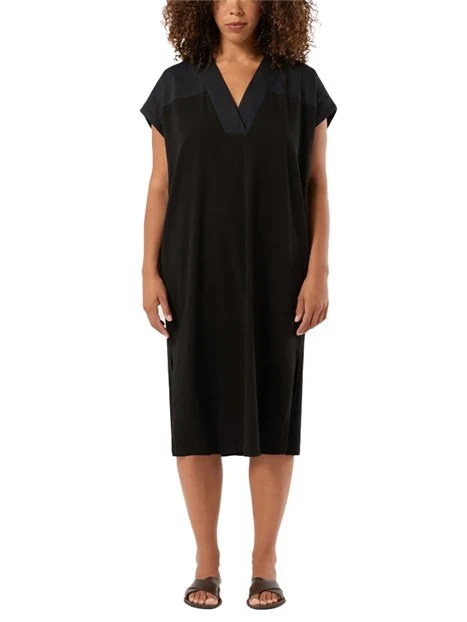 VESTITO CORTO IN COTONE CON SCOLLO A V E SPACCHI LATERALI DONNA NERO