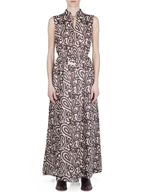 VESTITO LUNGO IN VOILE CON ELASTICO IN VITA E COLLO ALTO DONNA MARRONE