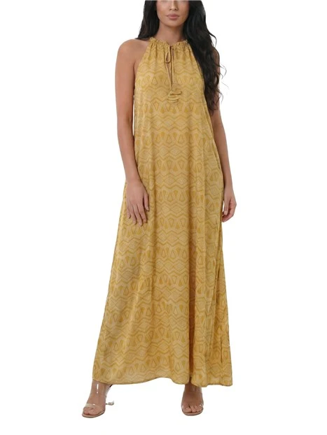 VESTITO LUNGO CON SCOLLO CON ARRICCIATURA E COULISSE DONNA GIALLO
