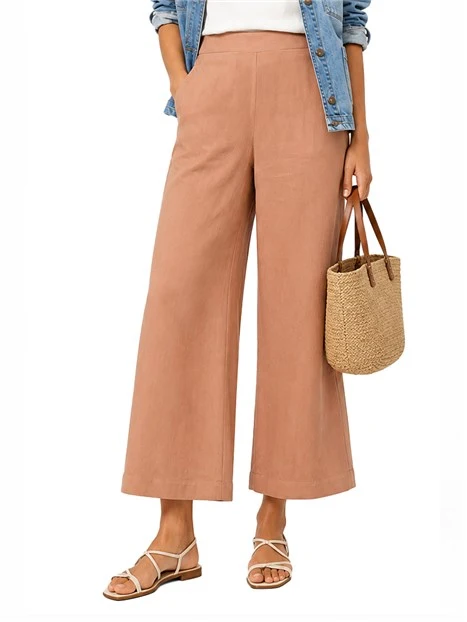 PANTALONI PALAZZO IN LINO CON ELASTICO POSTERIORE DONNA MARRONE CHIARO