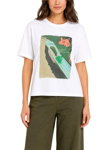 TOP IN JERSEY MANICA CORTA CON STAMPA KUCHING DONNA BIANCO