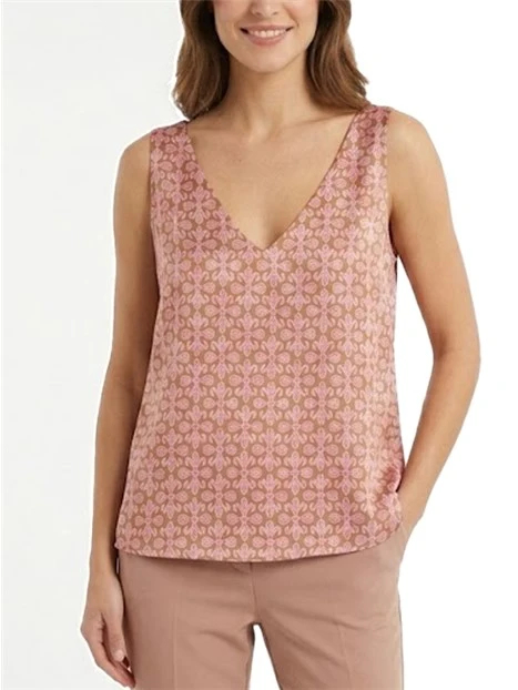 TOP SMANICATO IN SETA CON STAMPA DONNA ROSA