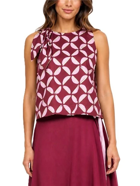 TOP IN POPELINE STAMPATO CON FIOCCO SPALLA DONNA BORDEAUX