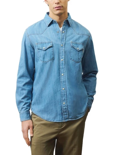 CAMICIA IN DENIM CON IMPUNTURA A CONTRASTO UOMO BLU