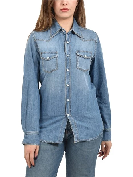 CAMICIA IN DENIM CON BOTTONI A PRESSIONE DONNA BLU