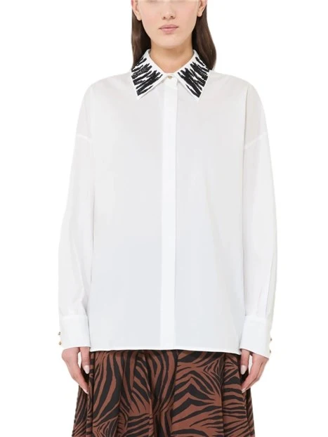 CAMICIA IN POPELINE DI MISTO COTONE CON DECORAZIONI SU COLLETTO E POLSINI DONNA BIANCO