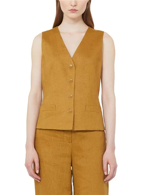 GILET IN LINO CON SCOLLO A V E CINTURINO REGOLABILE DONNA GIALLO