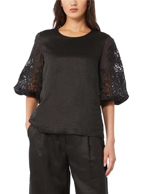 BLUSA CON PIZZO SULLE MANICHE DONNA NERO