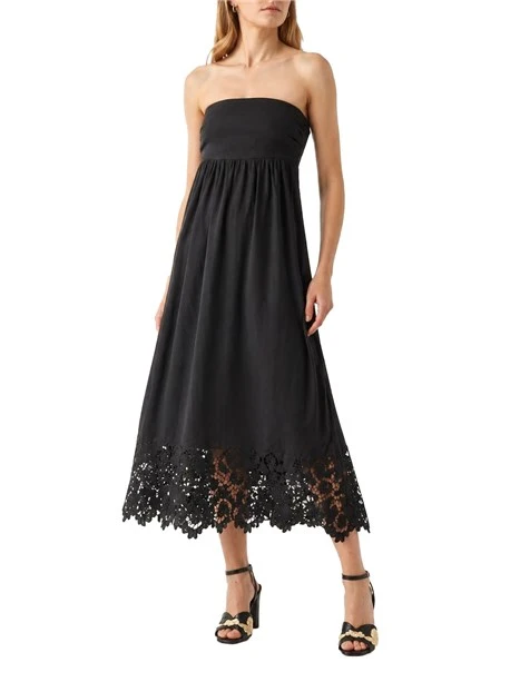 VESTITO LUNGO IN LINO CON RICAMO DONNA NERO