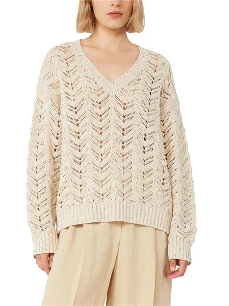 MAGLIA SCOLLO A V IN PURO COTONE CON PAILLETTE DONNA ECRU'