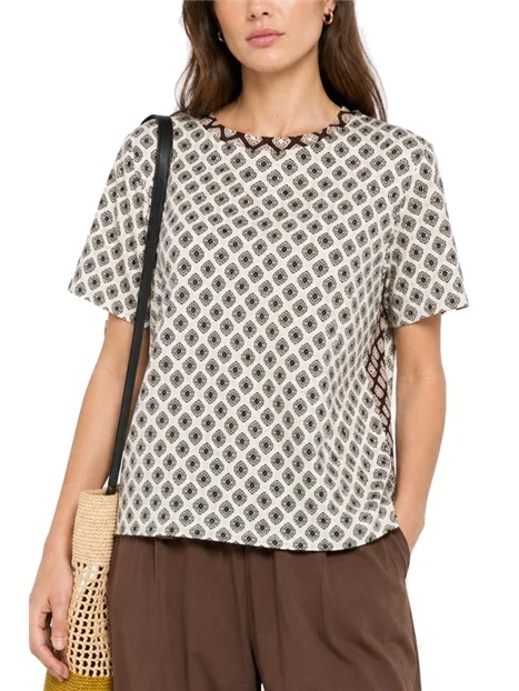 T-SHIRT MANICA CORTA IN COTONE A FANTASIA DONNA BIANCO