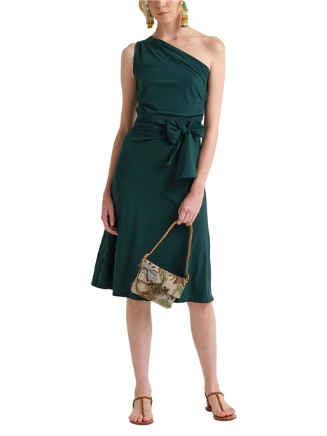 VESTITO CORTO MONOSPALLA CON DRAPPEGGIO E FUSCIACCA DONNA VERDE