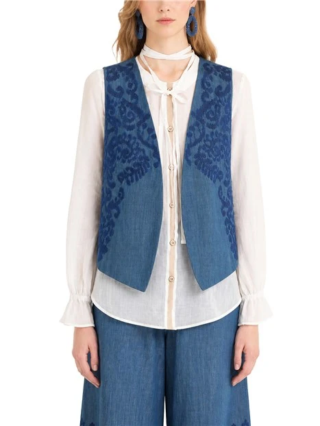 GILET IN COTONE SENZA BOTTIN CON RICAMO TONO SU TONO BLU