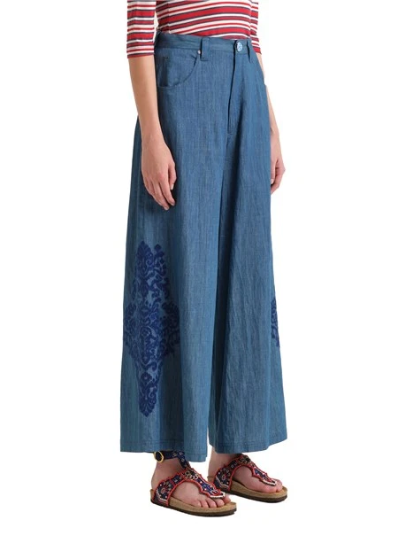 PANTALONE PALAZZO CON RICAMO TONO SU TONO DONNA BLU