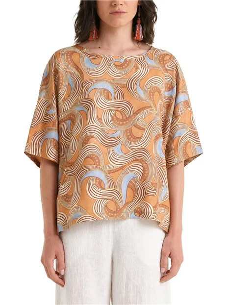 BLUSA MANICA CORTA IN PURA SETA CON STAMPA ALL OVER DONNA