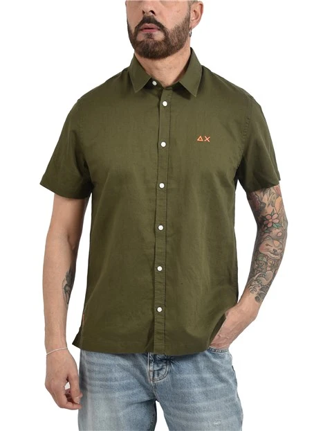 CAMICIA MANICA CORTA IN LINO E COTONE CON LOGO RICAMATO UOMO VERDE