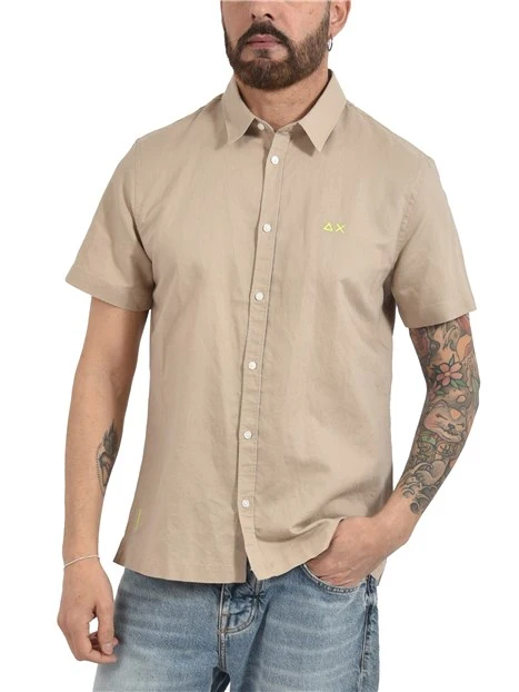 CAMICIA MANICA CORTA IN LINO E COTONE CON LOGO RICAMATO UOMO BEIGE