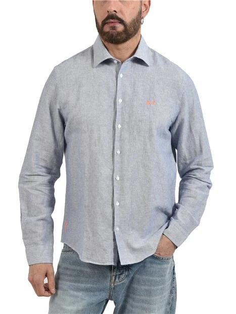 CAMICIA CASUAL IN MISTO COTONE E LINO A RIGHE CON LOGO RICAMATO UOMO BLU