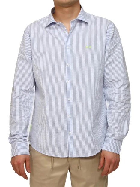 CAMICIA CASUAL IN COTONE CON MOTIVO A RIGHE E LOGO UOMO AZZURRO