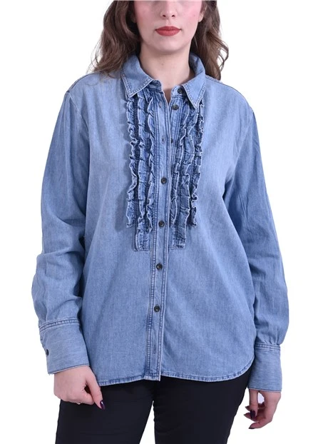 CAMICIA IN DENIM CON ROUCHE E POLSO ALTO DONNA BLU
