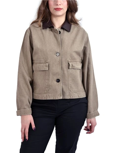 GIACCA IN  COTONE CON COLLO A CAMICA E IMPUNTURE DONNA MARRONE