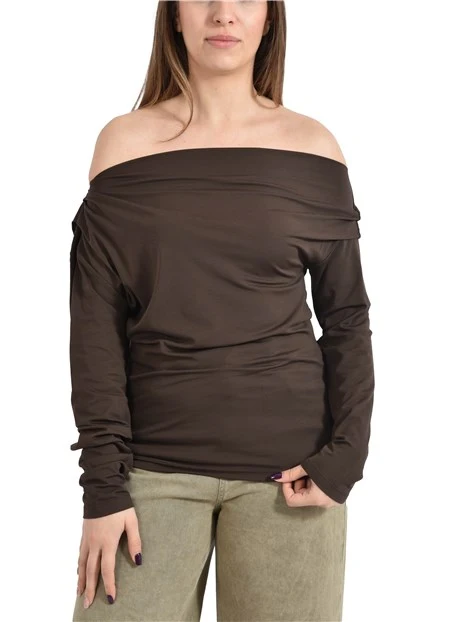 T-SHIRT MANICA LUNGA CON COLLO ASIMETTRICO DONNA MARRONE