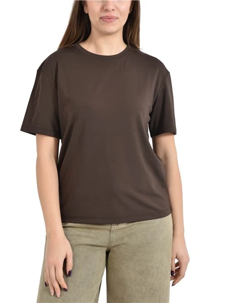 T-SHIRT MANICA CORTA IN MISTO VISCOSA CON IMPUNTURE DONNA MARRONE