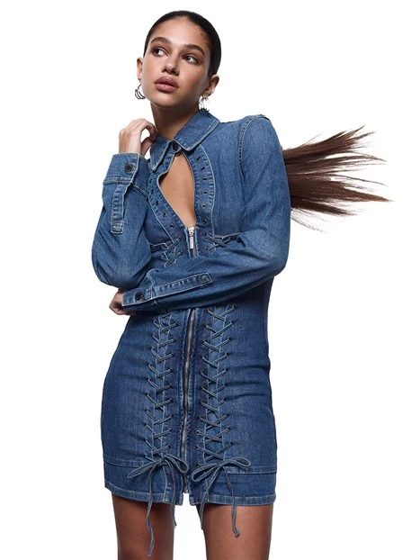 VESTITO CORTO IN DENIM CON STRINGHE DONNA BLU