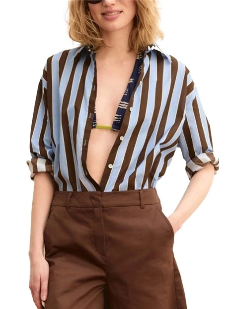 CAMICIA IN PURO COTONE CON STAMPA A RIGHE DONNA AZZURRO
