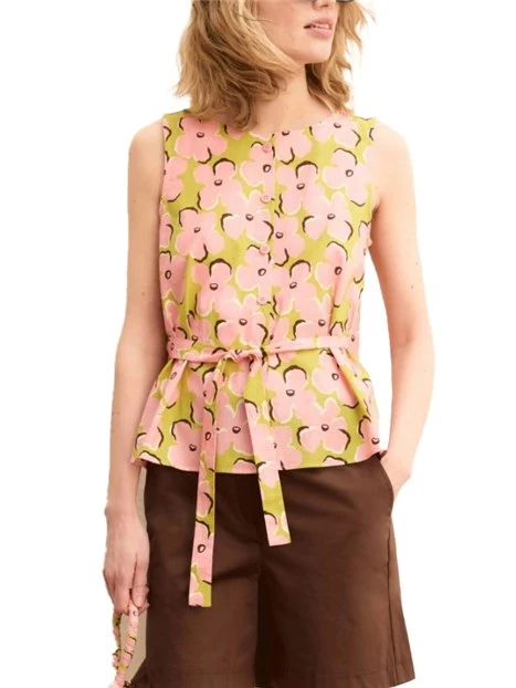 TOP IN MUSSOLA DI COTONE STAMPATA CON BOTTONI A VISTA DONNA VERDE