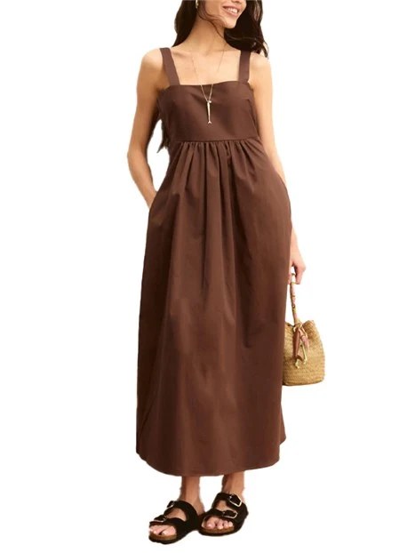 VESTITO LUNGO IN RASO DI COTONE CON SPALLINE LARGHE DONNA MARRONE