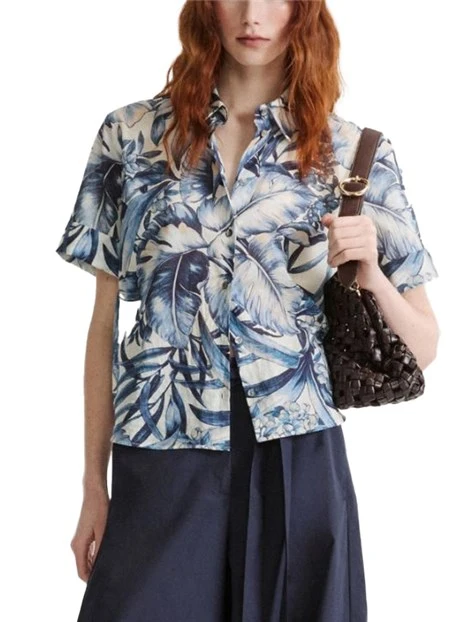 CAMICIA IN PURO COTONE CON MAXI FOLIAGE ALL OVER DONNA AZZURRO