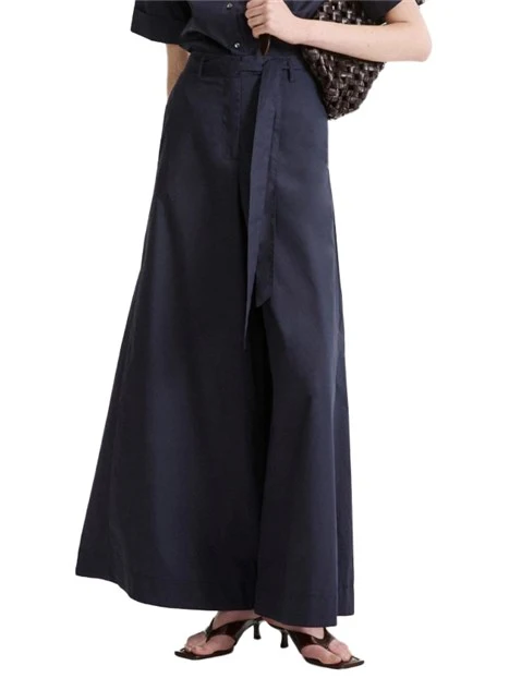 PANTALONI PALAZZO IN PURO COTONE AMPI CON FUSCIACCA DONNA BLU