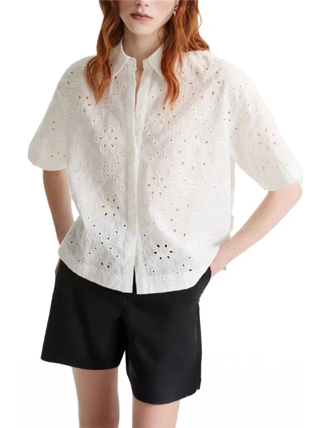 CAMICIA MANICA CORTA CON RICAMO EFFETTO SANGALLO DONNA BIANCO