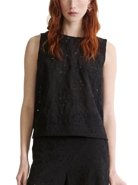 TOP IN MUSSOLA DI COTONE CON RICAMO EFFETTO SANGALLO DONNA NERO