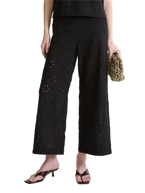 PANTALONE PALAZZO IN MUSSOLA DI COTONE EFFETTO SANGALLO DONNA NERO