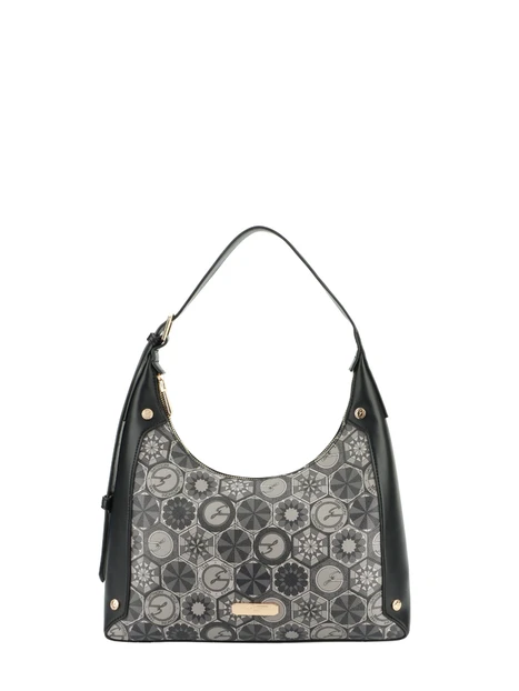 BORSA A SPALLA HOBO CON STAMPA GEOMETRICA E DETTAGLI NERI DONNA GRIGIO
