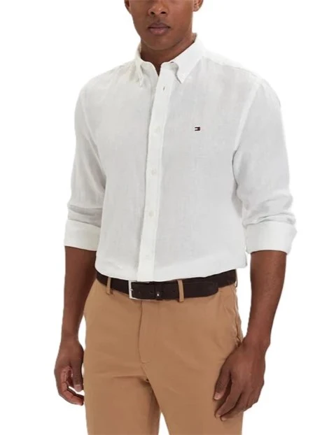 CAMICIA CASUAL IN PURO LINO CON DETTAGLIO RICAMATO UOMO BIANCO