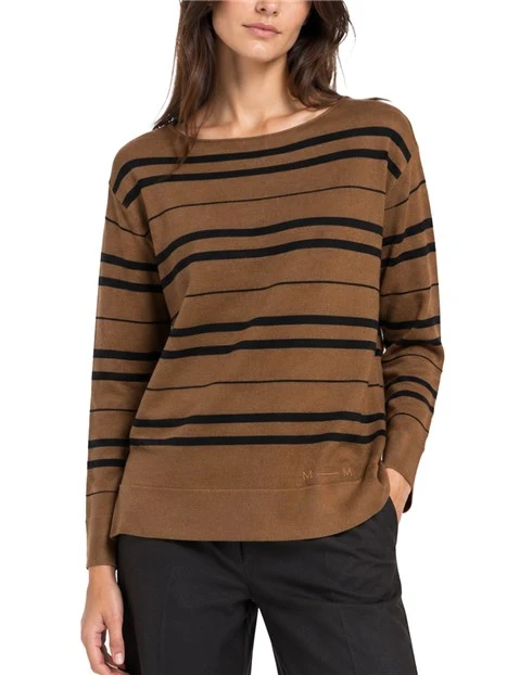 MAGLIA CON SCOLLO A BARCHETTA IN LANA VERGINE DONNA MARRONE