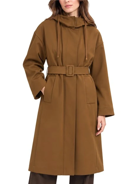 TRENCH MIDI IN TESSUTO TECNICO ANTIGOCCIA CON CAPPUCCIO DONNA MARRONE