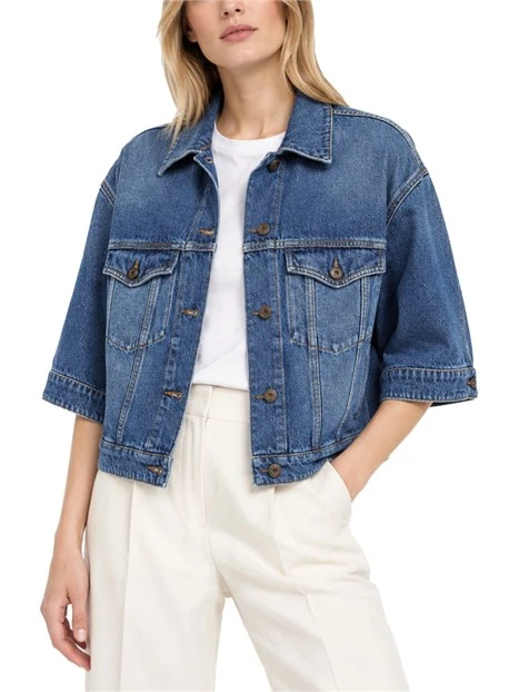 GIACCA CORTA CROP IN DENIM CON CUCITURE A CONTRASTO DONNA BLU