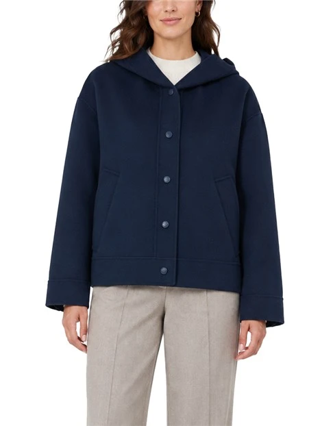 GIACCA CORTA BOXY CROPPED IN LANA CON CAPPUCCIO DONNA BLU