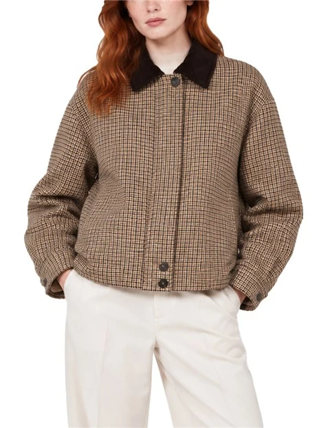 GIACCA CORTA MODELLO BOMBER PIED DE POULE IN PURA LANA DONNA MARRONE