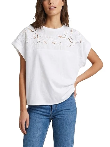 T-SHIRT MANICA CORTA CON INSERO RICAMATO DONNA BIANCO
