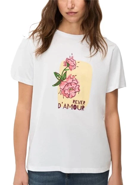 T-SHIRT MANICA CORTA CON STAMPA FRONTALE E DECORAZIONI RICAMATE DONNA BIANCO