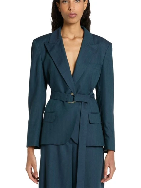 GIACCA CORTA IN MISTO LANA E VISCOSA CON CINTURA DONNA BLU